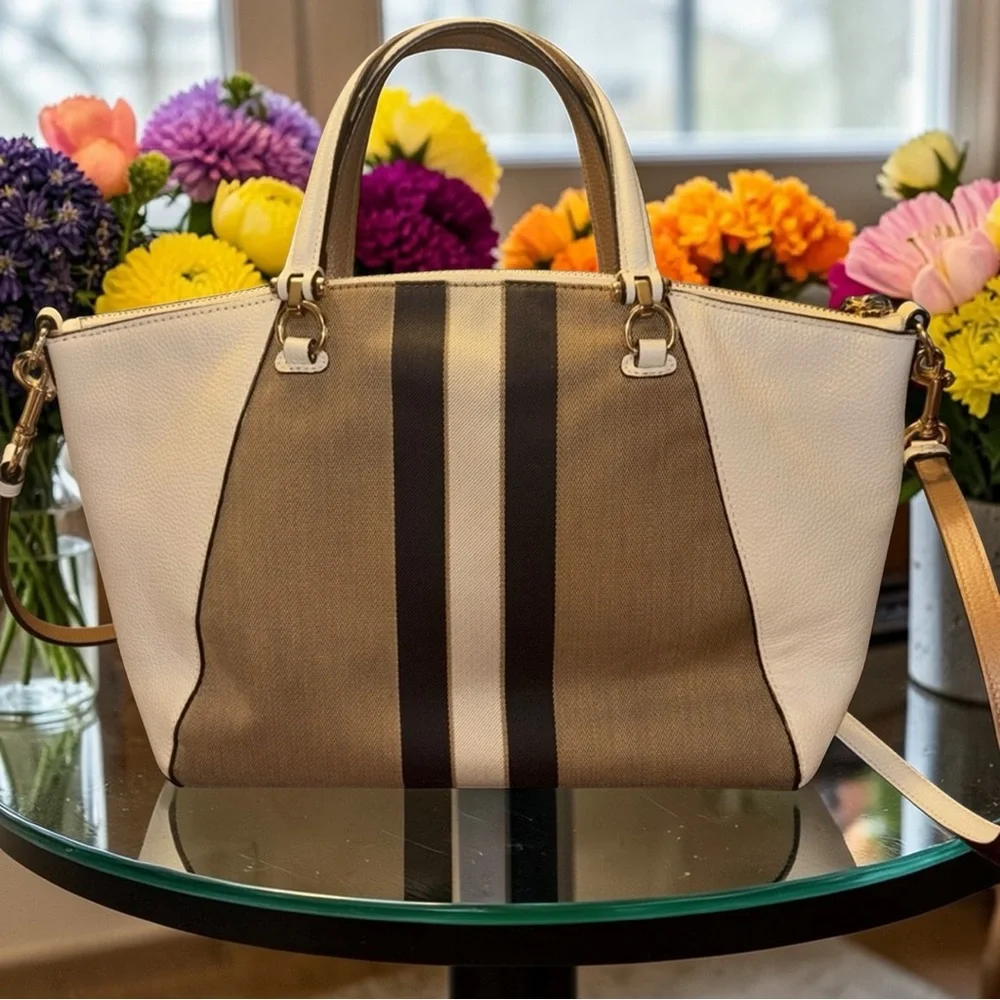 Coach Striped Canvas Satchel in Brown, Tan & White - Picture 2 of 10